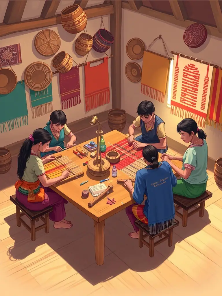 Participants in a workshop learning about traditional weaving techniques, preserving cultural heritage.