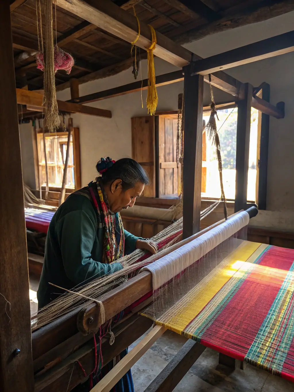 Participants in a cultural heritage workshop learning traditional weaving techniques, emphasizing the preservation of cultural traditions.