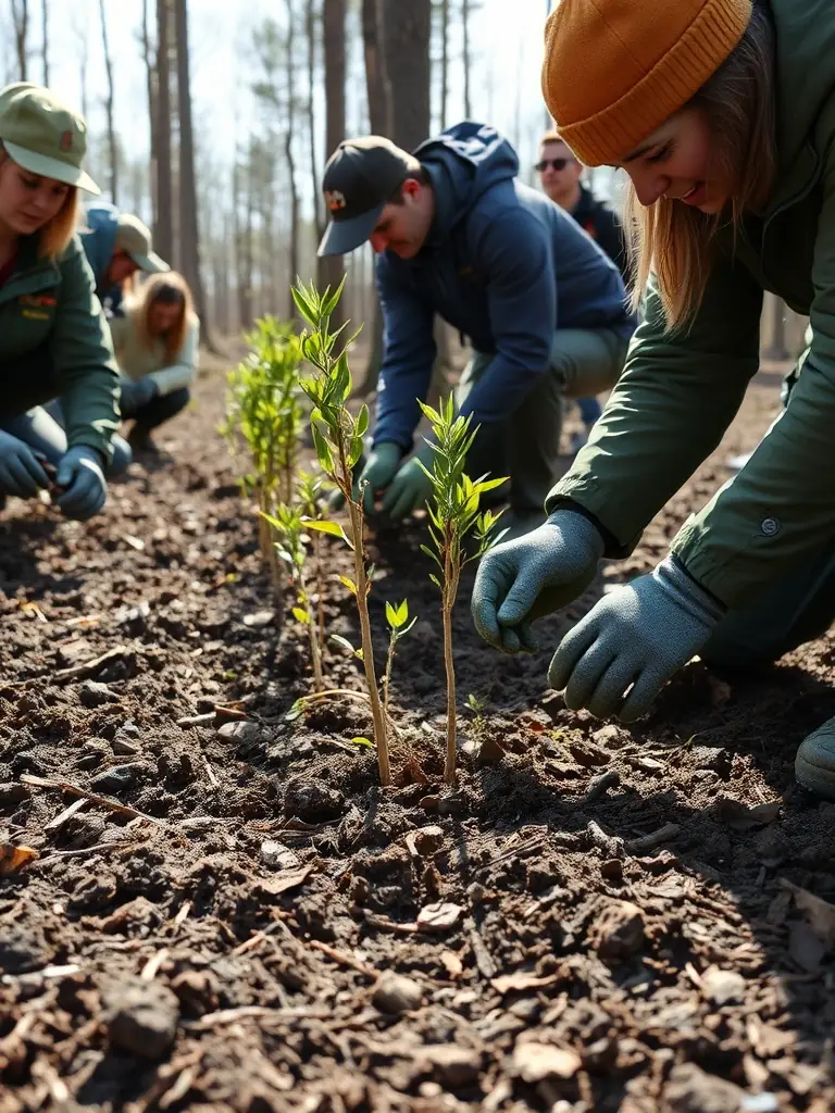 A group of volunteers planting trees in a community garden, focusing on reforestation and environmental sustainability.
