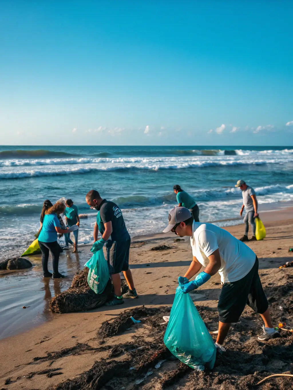 Volunteers cleaning up a local beach, removing plastic and other debris.