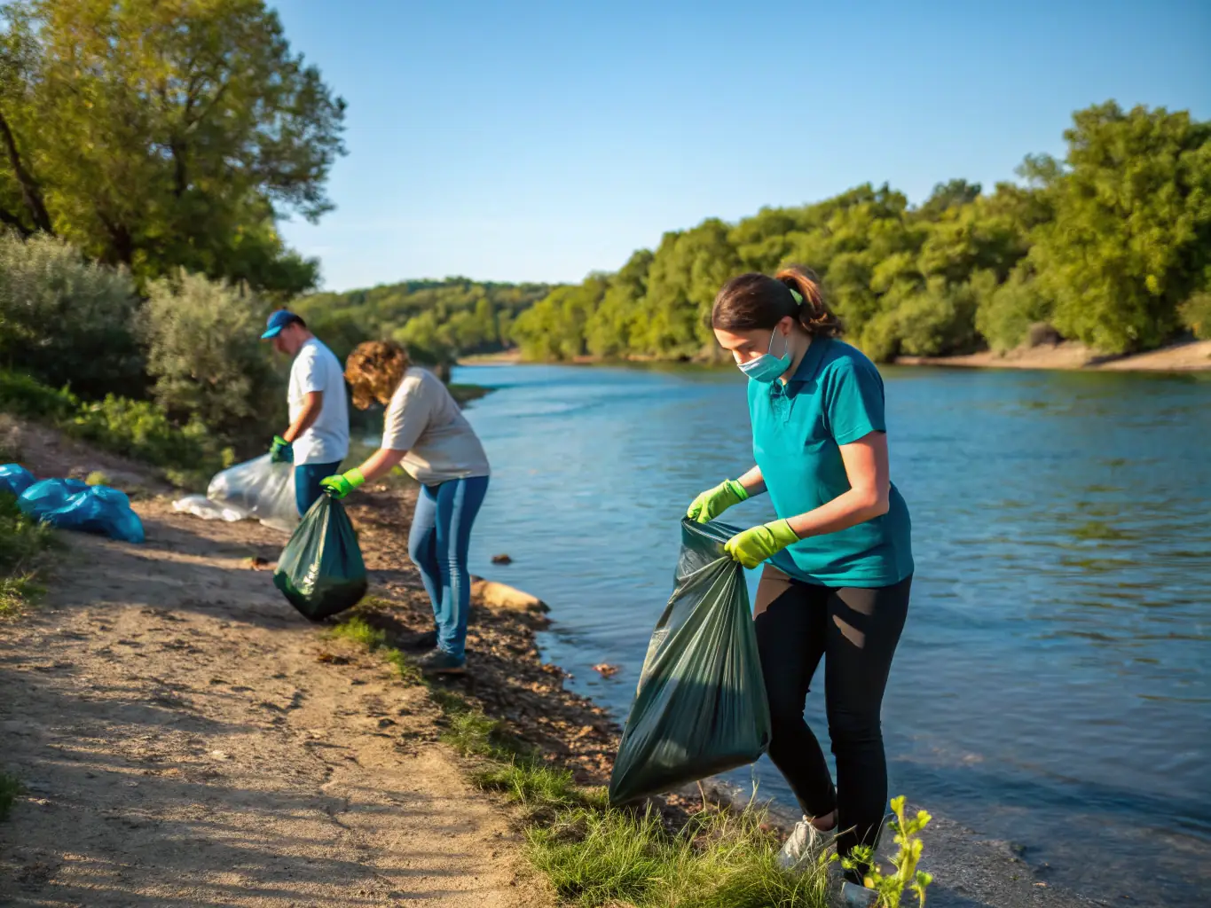 A vibrant image of volunteers participating in a river clean-up event, showcasing community engagement in environmental conservation.
