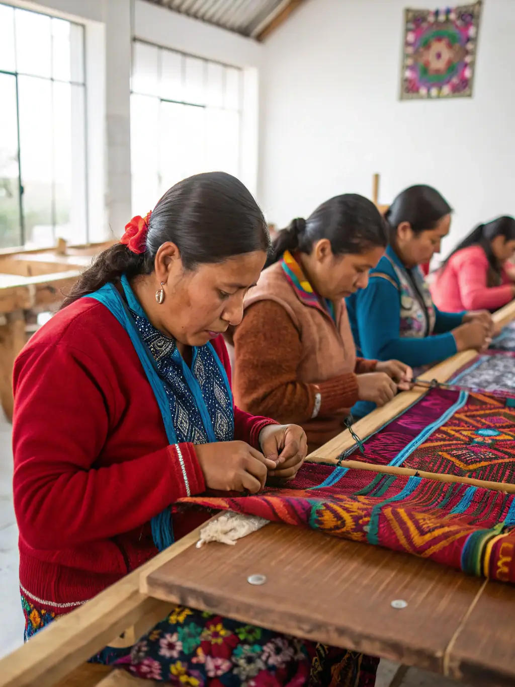 Participants in a cultural heritage workshop learning traditional weaving techniques, emphasizing cultural preservation and skill-sharing.