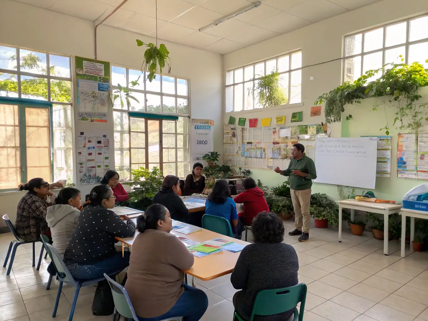 A classroom setting where ASSOC PALI SERVICES is conducting an educational workshop on sustainable living for local residents.