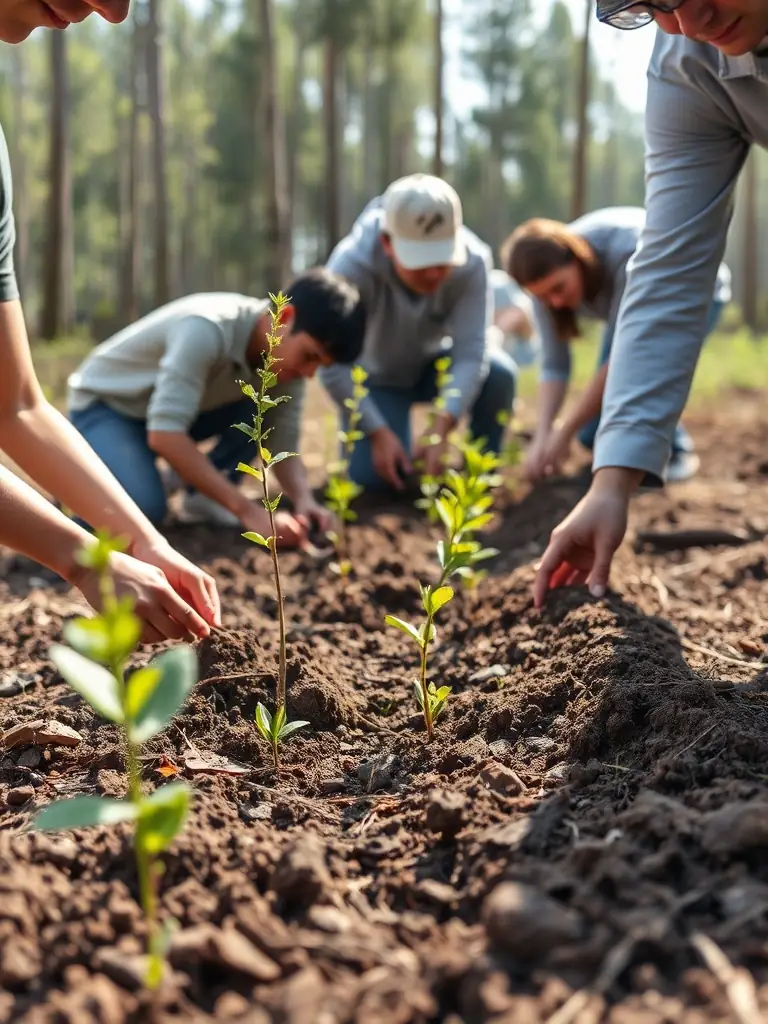 A group of volunteers planting trees in a local park, focusing on reforestation efforts.