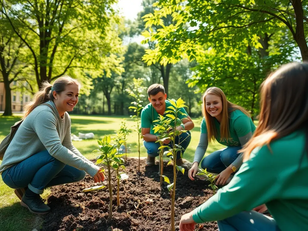 A group of volunteers planting trees in a local park, symbolizing ASSOC PALI SERVICES' commitment to environmental conservation and community engagement.