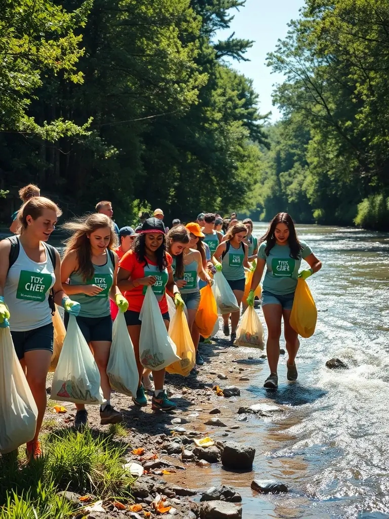 A team of volunteers cleaning up a local riverbank, showcasing the organization's commitment to environmental conservation.