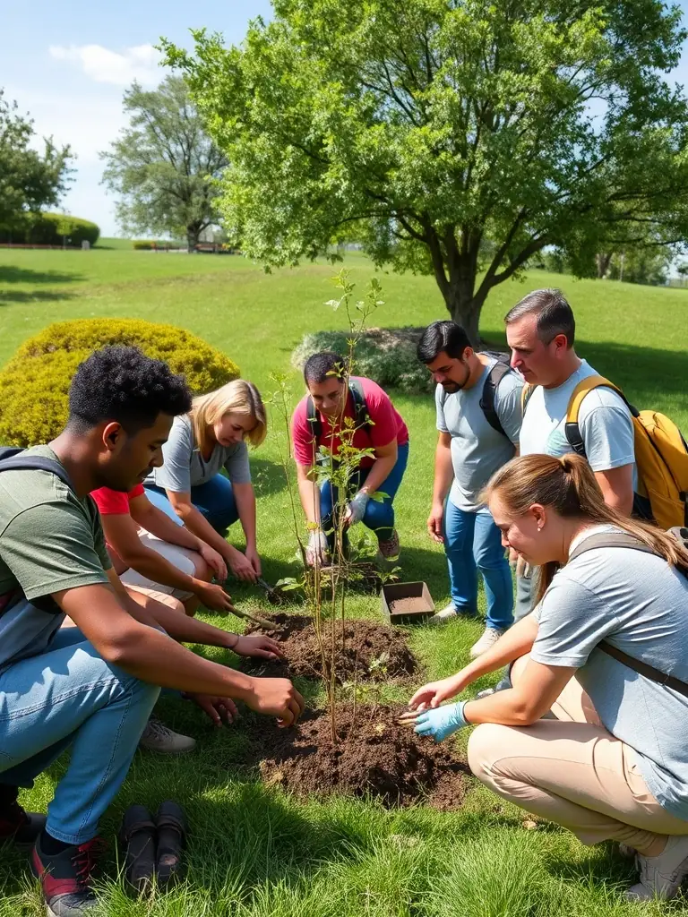 A group of volunteers planting trees in a community park, focusing on the teamwork and environmental stewardship.