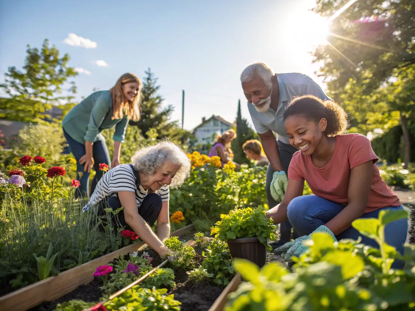A photograph showcasing a community garden project, with diverse individuals working together to cultivate plants and vegetables.